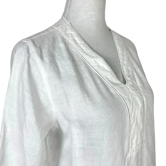 Joie | White 100% Linen Eyelet Detail V-neck 3/4 Sleeve Casual Tunic Top - Picture 6 of 12